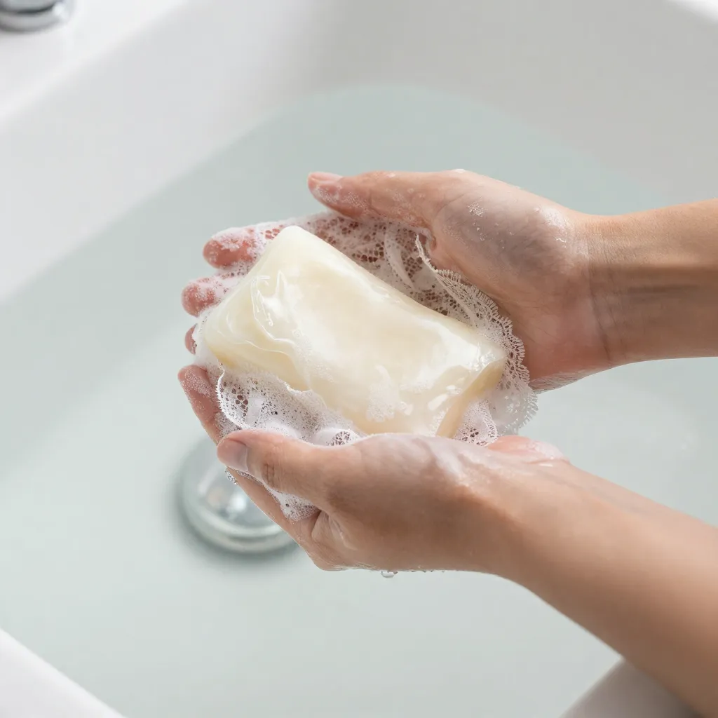 Hand washing delicate fabric with natural soap in a bowl