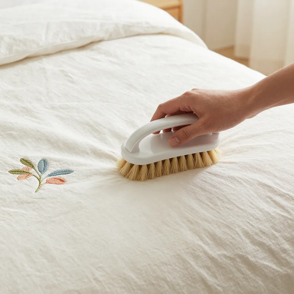 Delicate lace being soaked in mesh bag with floral water